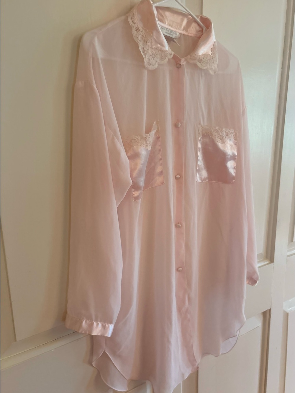 VTG Mystique Intimates Pink Sheer Lace Button Up Coquette Intimates